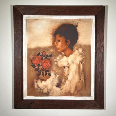 CHILD WITH ROSES PAINTING | Showing a child in white clothing holding red roses. 20 x 24 (stretcher) - w. 28 x h. 32 in (frame) 