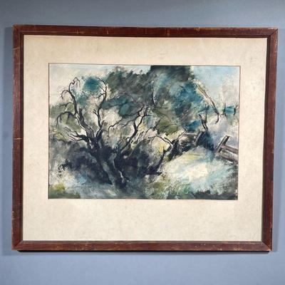 NEWBAUER WATERCOLOR | Watercolor on paper depicting a cool-toned tree scene, signed 