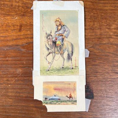 (2PC) MONGOLIAN WATERCOLORS | Two Monoglian watercolor paintings, one depicting a man on a horse, and the other showing a landscape scene...