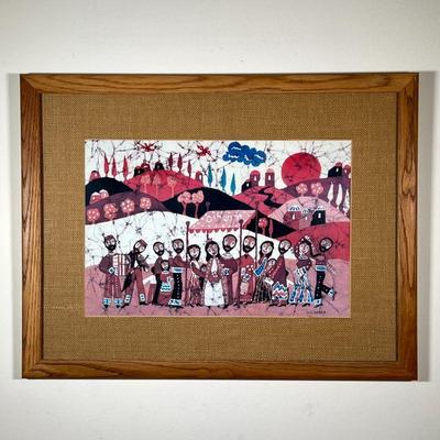 GOLDFARB JUDAICA PRINT | Colorful stylistic print depicting a line of people and some writing in Hebrew. - w. 26 x h. 20 in (frame) 