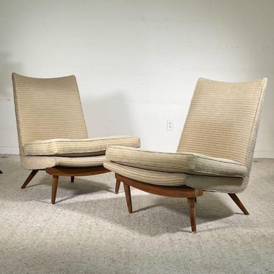 (2PC) MID-CENTURY LOUNGE CHAIRS | Two large, comfortable cream lounge chairs with spindle legs and wide seats. - l. 26 x w. 26 x h. 33.5 in 