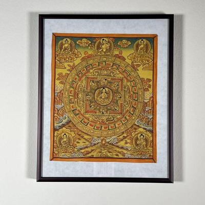 MINIATURE THANGKA PAINTING | Tibetan Buddhist Thangka painting in yellow and red tones featuring figures within a mandala pattern on a...