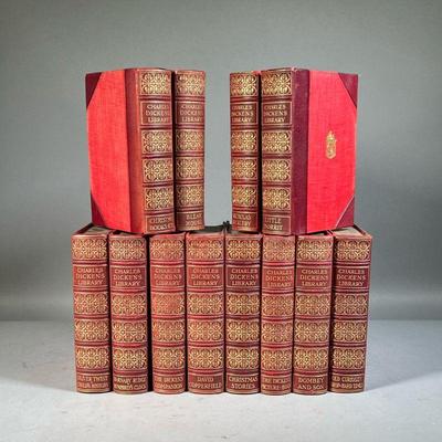 CHARLES DICKENS LIBRARY | In red leather binding with gilt tooled spines, with illustrations by Harry Furniss. London. - w. 5.5 x h. 7.75...