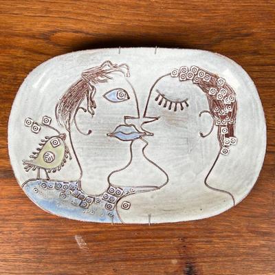 CLAIRE LAMBERT DOUR CLAY TRAY | Terra cotta clay tray glazed in white, decorated with a cubist-inspired figurative scene depicting two...