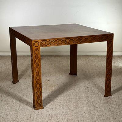 SQUARE WOODEN CARD TABLE | Wooden card table with blind fretwork on sides and legs and parquetry top in a beautiful lattice inlay. - l....