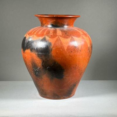 OVERSIZED ACOMA VASE | A large, oversized, burnished red earthenware vase, 22 inches tall. Featuring a design of mottled black and red...