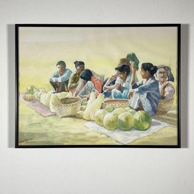 AUNG MYINT (BURMESE, 1946-) WATERCOLOR | Amarapura, Myanmar (Burma). Watercolor on paper. 1999. Showing produce vendors sitting among...