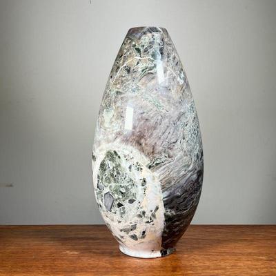 LARGE TURNED STONE VASE | Large vase carved from stone with gorgeous natural marbled patterns in blacks, grays, and warm earth tones. -...