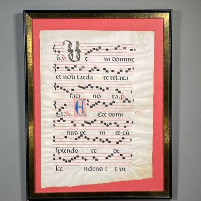 MEDIEVAL ILLUMINATED PARCHMENT | Sheet music on parchment, hand painted. - w. 17 x h. 22 in (frame) 
