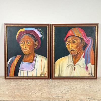 (2PC) MIGUEL CHAVEZ SOJUEL PAINTINGS | A pair of oil on canvas portraits by Miguel Chaves Soujel featuring two elders in colorful dress....