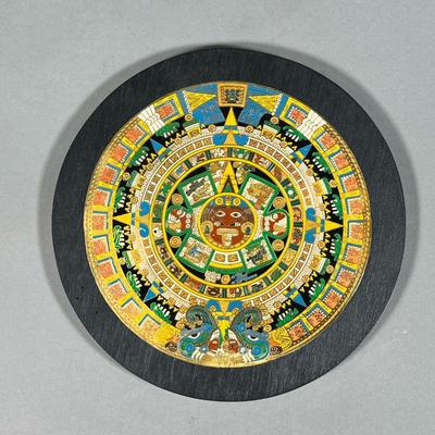 MEXICAN COLORFUL ENAMEL PLAQUE | Bright and colorful enamel plaque with an Indigenous radial design. Labeled Mexico on back. - dia. 8.75...