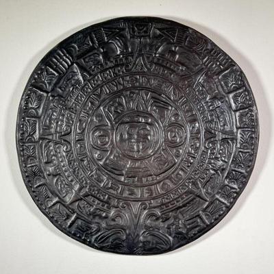 PRESSED MAYAN CERAMIC PLAQUE | Circular black ceramic plaque with circular Mayan design in a radial pattern. Intricate design. - dia....
