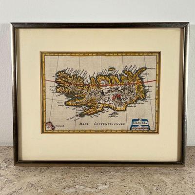 MAP OF FRISLAND | Colored engraving of an island, framed with glass on both sides. Frisland is a phantom island that appeared on...