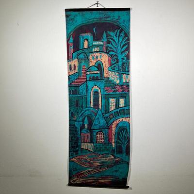 BATIK CITYSCAPE PAINTING | Batik hanging scroll in deep blue, red, and yellow dyes, depicting a series of houses, buildings, and...