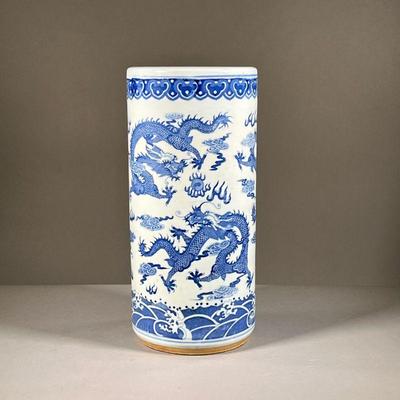 DRAGON CERAMIC UMBRELLA HOLDER | Large white porcelain ceramic vase or umbrella holder, with Chinese blue dragons and other blue-glazed...