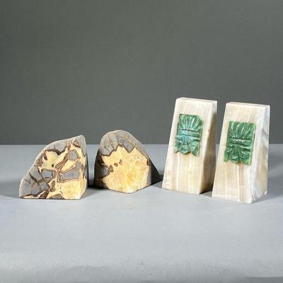 (4PC) 2 PAIR STONE BOOKENDS | Set of two triangular carved stone bookends with green carved stone relief, and pair of stone geode...