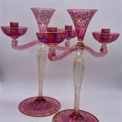 Lot 032   8 Bid(s)
Pair Venetian Hand Painted Pink Glass Candlesticks