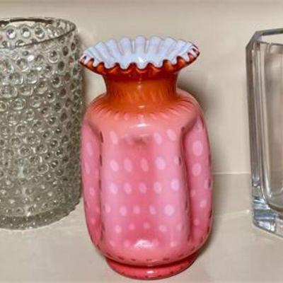 Lot 081   15 Bid(s)
Cranberry Milk Glass Vase and 2 Clear Glass Vases