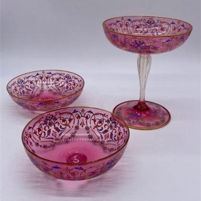Lot 029   12 Bid(s)
2 Venetian Hand Painted Pink Glass Bowls and Compote