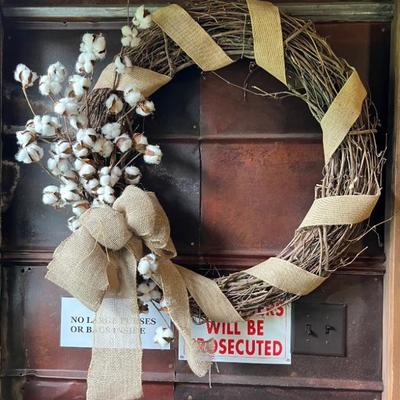 Grapevine, Cotton and Burlap Wreath 