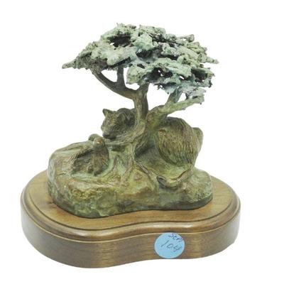 PATINATED BRONZE TREE WITH LEOPARD