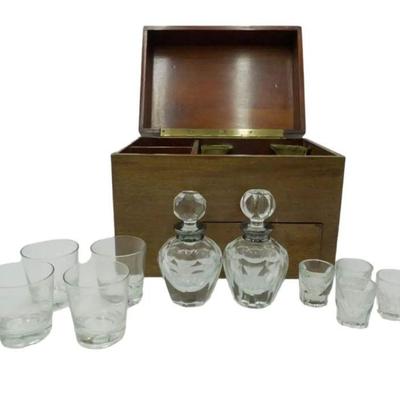 1920s LIQUOR CABINET 2 DECANTERS & 8 GLASSES