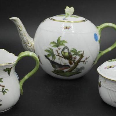 3 PC HEREND ROTHSCHILD BIRD TEAPOT, CREAMER, SUGAR