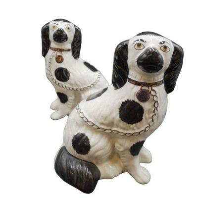 PAIR BLACK AND WHITE STAFFORDSHIRE CERAMIC DOGS