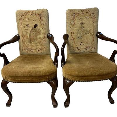 PAIR GEORGE I WALNUT SHEPHERDS CROOK ARM CHAIRS