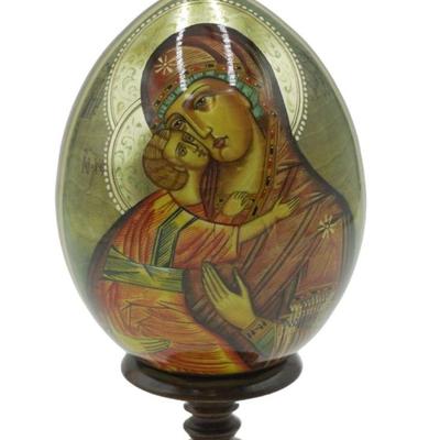 HAND PAINTED HOLY MOTHER AND CHILD RUSSIAN ORTHODOX WOODEN EASTER EGG