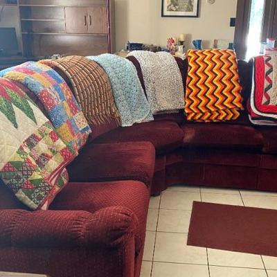 Sectional Sofa.  Quilts and Crochet Blankets.