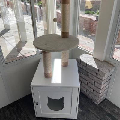 Cat hidden litter box and hang out tree ( can be used to store items below) 