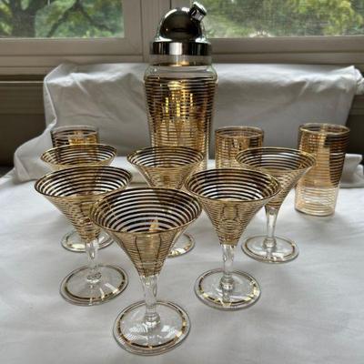 Exquisite Early Vintage Gold Striped Art Deco Cocktail Set