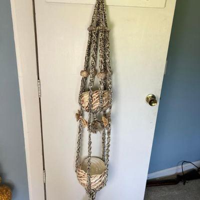 Vintage Two-Tier Macrame Hanging Planter Holder With Butterfly Detail 