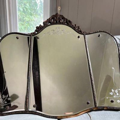 Antique Nurre Maestro Etched Tri-part Mirror