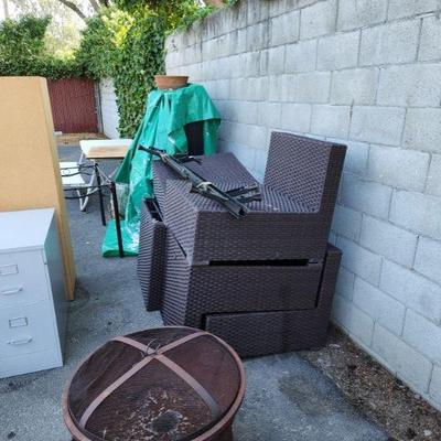 Desk, patio set, table, storage