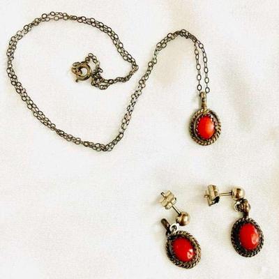 HPT005 Genuine Red Coral Pendant & Earrings Set