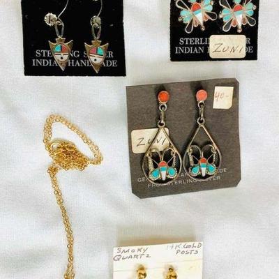 HPT004 Three Pairs of Handcrafted Zuni Gemstone Earrings in Sterling Silver Settings & More