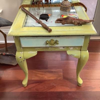 $89 brushed painted end/side table, one drawer, beveled glass top 24"H 22"L 27"depth