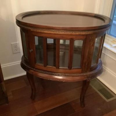 $155 Mahogany oval tray table beaded edge, front & back door, beveled glass, 2 missing but are included, 30â€H 28â€L 19â€depth