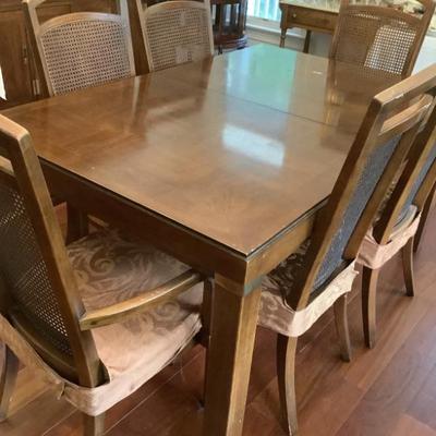 $389 dining table & 6 chairs, 2 captains 62"L 40"W 30"H -2 leaves 17" each Henredon