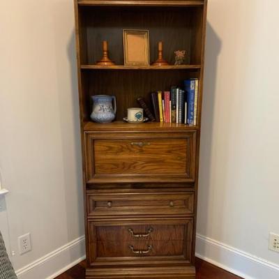$75 bookcase, bar, 3 drawers, 2 shelves, drop down opening, dove tail 77â€H 30â€L 13â€depth