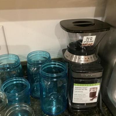 blue Mason jars, coffee grinder