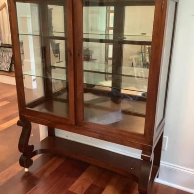 $299 mahogany wood display cabinet on casters-said to be from General Royal Secretary of the Army 60"H 47"L 17"depth
