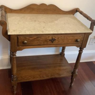 $159 marble top, wooden bar cart, drawer, shelf on bottom 34â€H 35â€L 18â€depth