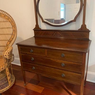 $125 dresser on casters with beveled mirror appears 40â€™s-50â€™s 62â€H 42â€L 20â€depth