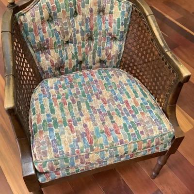 $65 caned barrel chair with fabric 31"H 26"L 25"depth