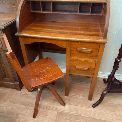 Vintage Children's Size Child's Roll Top Writing Desk and School Chair