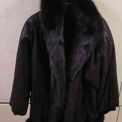 Black Fur & Leather Mid Length Coat (Medium)