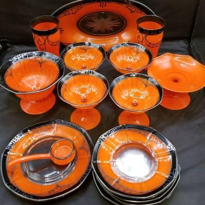 Vibrant Vintage Orange with Black and Silver-Colored Overlay Glass Dish Set